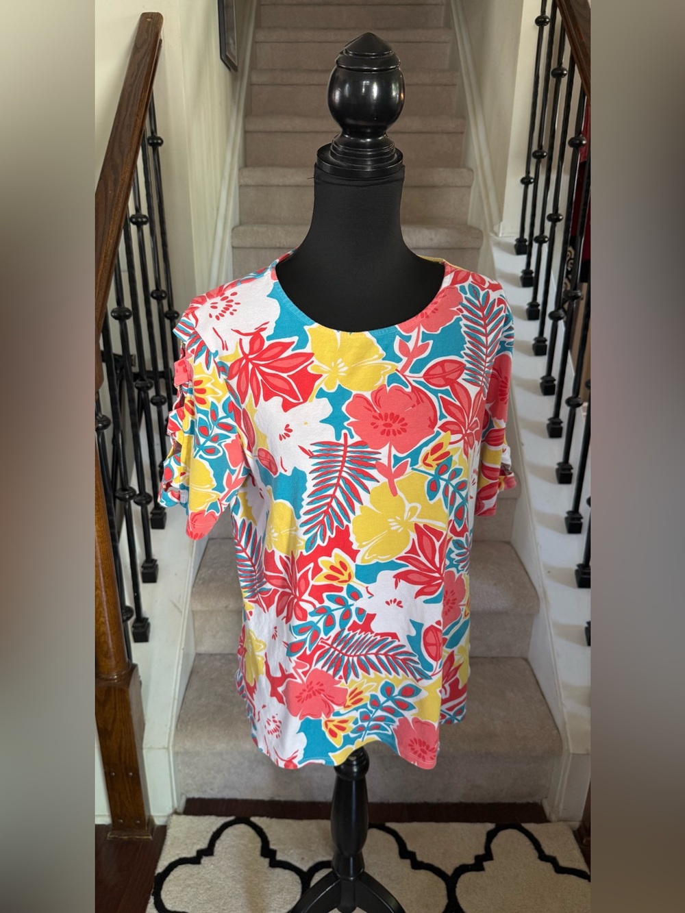 Ruby Rd. Coral, Yellow & Teal Floral Short Sleeve Top